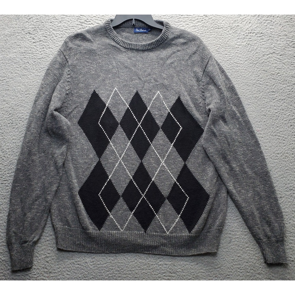 Paul Fredrick Sweater Mens 2XL Gray Diamond Plaid Knit Linen Crew Neck Pullover‎